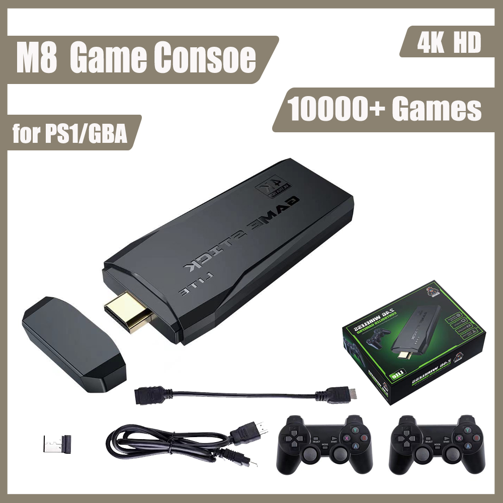 2.4G 무선 컨트롤러 64G 게임 스틱이있는 M8 4K HD 비디오 게임 콘솔 PS1/GBA/GBC/FC/SFC 선물용 10000 + 게임 내장